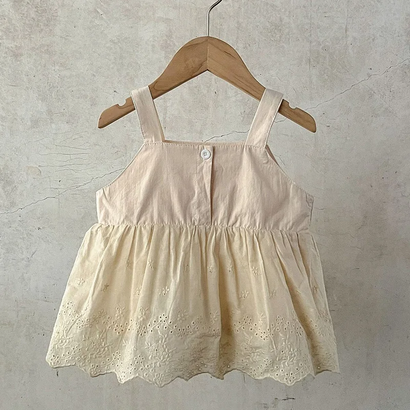 

Летняя футболка для маленьких девочек в Корейском стиле, хлопковые однотонные топы без рукавов с вышивкой для маленьких девочек, детская одежда