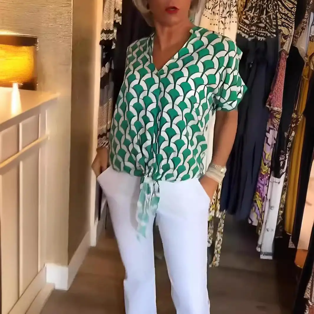 Damska koszulka z nadrukiem, do pracy, sportowa, z poliestru, wzór w romby, damska koszulka z kołnierzykiem, codzienna, modna, letnia koszulka.