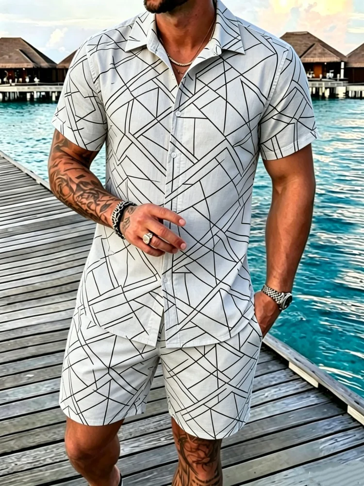 

Men's Short Sleeve Lapel Shirt & Shorts Set, Loose Comfort Geometric Print Casual Summer Outfit