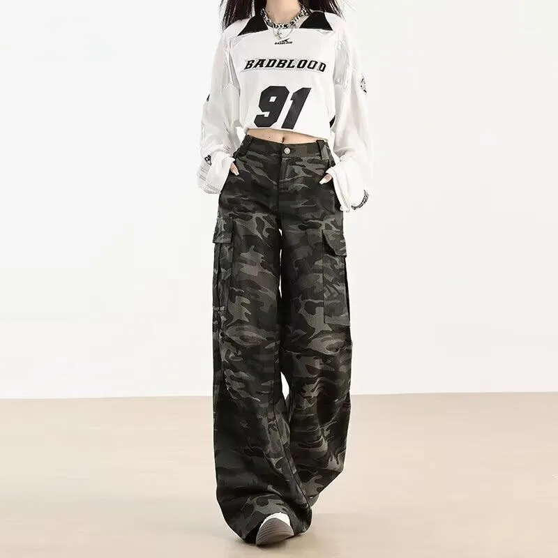 

New Spring Autumn Chinese Trend Camouflage Pocket Workwear Men Women Hip-hop Street Wide-leg Slimming Floor-length Jeans Fashion