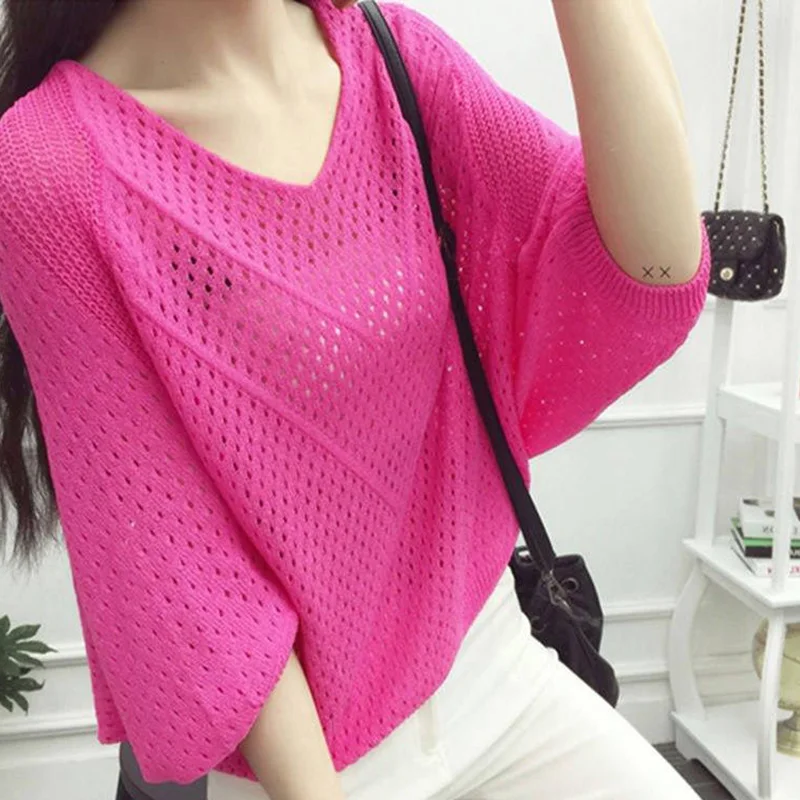 Fashion V-Neck Knitted Loose Hollow Out Blouse Women\'s Clothing 2023 Summer New Casual Pullovers Korean Batwing Sleeve Shirt