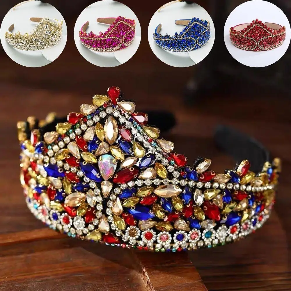 

Популярная повязка на голову в стиле ретро с преувеличенной короной и тяжелой красочной повязкой на голову со стразами в стиле барокко, аксессуары для волос с широкими краями