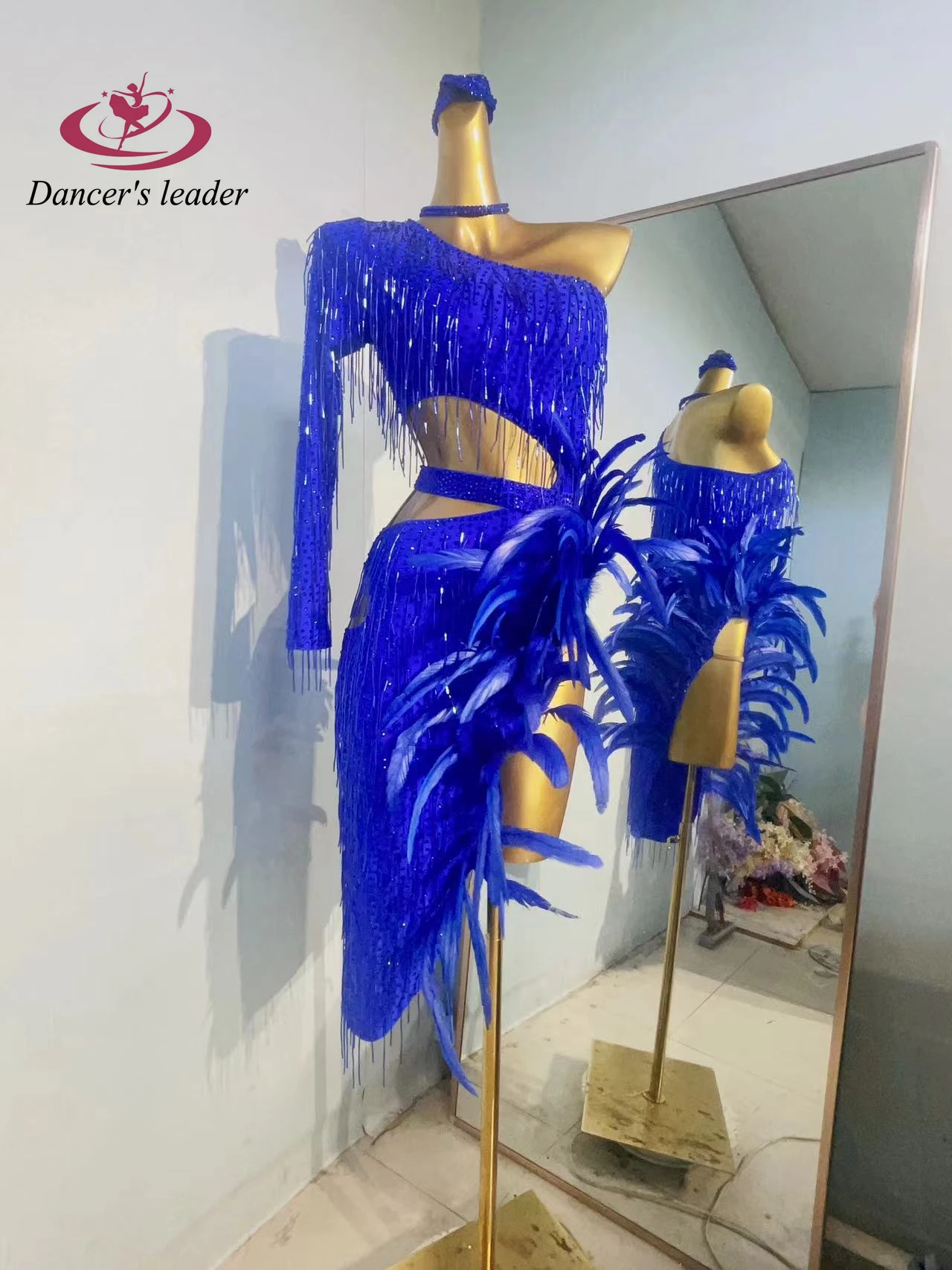 라틴 댄스 무대 여성 의류 하이 엔드 맞춤형 큰 깃털 예술 공연 삼바 라인 석 공연 의류 드레스