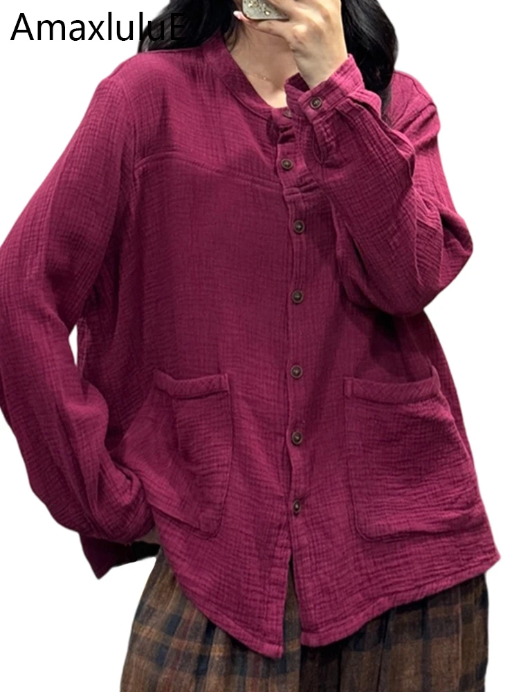 

Amax LuluE Korean Design Autumn Tops Womens Fashion Casual Cotton Linen Shirts 2025 Ladies Classic Loose Vintage Solid Blouses
