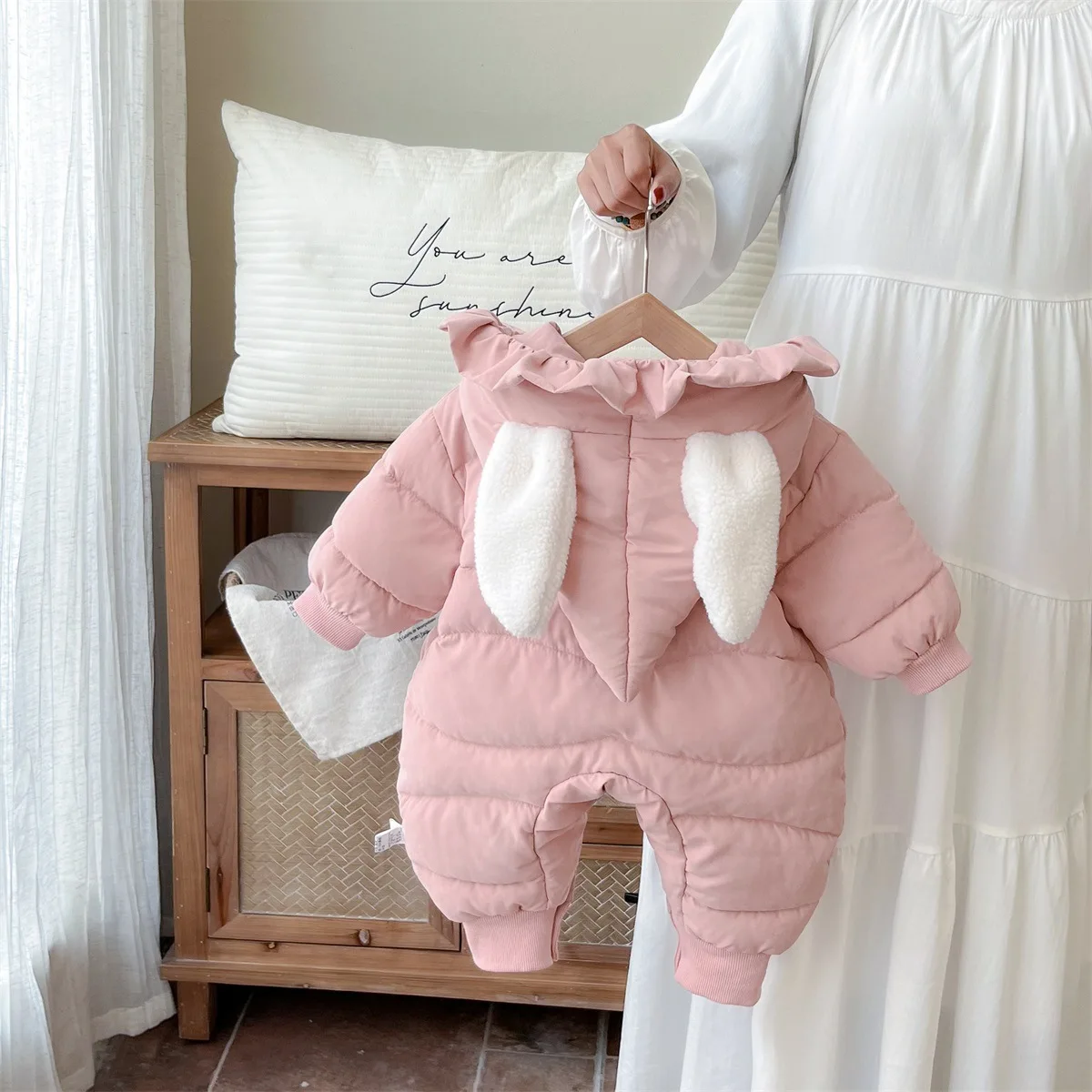 Cute Ears Hooded Overalls Baby Girl Romper Jumpsuit Winter Thick Warm Onesie Cartoon Bodysuit Soft Kids Clothes