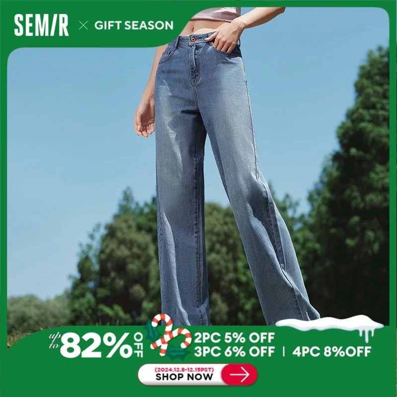 Semir-pantalones vaqueros de algodón para mujer, de tiro alto, aspecto más alto, pierna ancha, que oculta la carne, Otoño, 2024