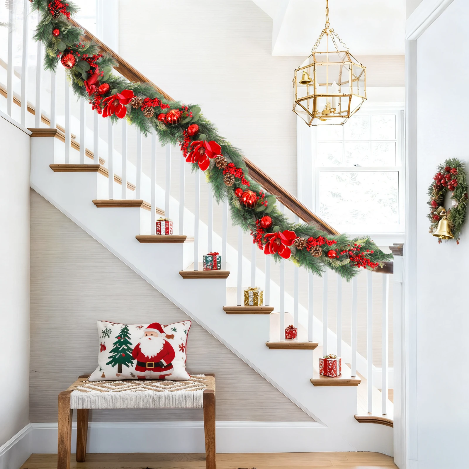 

Battery Operated Pre-Lit Garland 9ft Christmas Garland with 100 LEDs & Red Berries, for Indoor Outdoor Stairs and Mantle