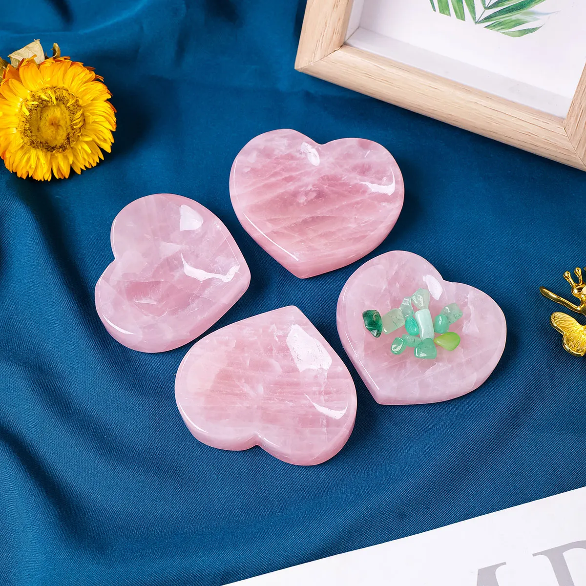 1pc Natural Stones Gem Carving Rose Quartz Plate Heart Crystal Bowl For Reiki Healing Meditation Decoration