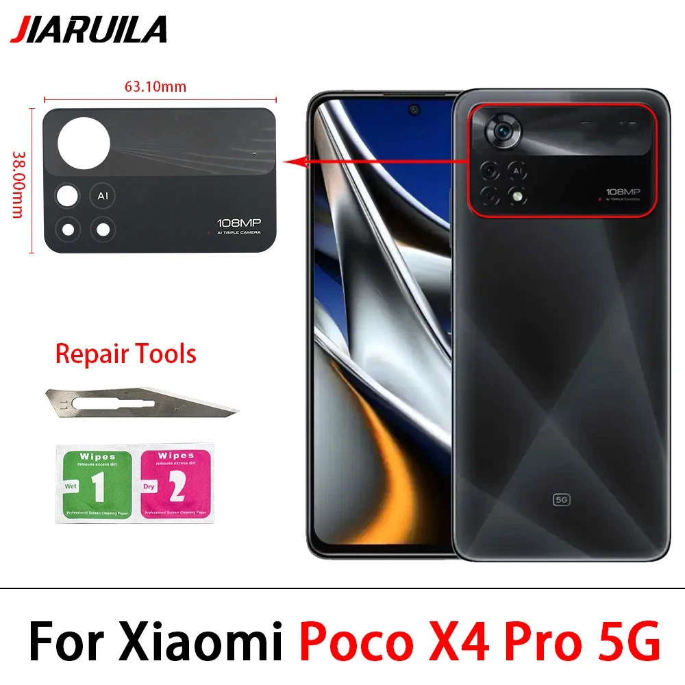 5Pcs，Rear Back Camera Glass Lens Cover With Glue Sticker For Poco X4 X3 F3 F4 F2 Pro C3 M4 Pro 5G M3 Glass Lens + Repair Tools