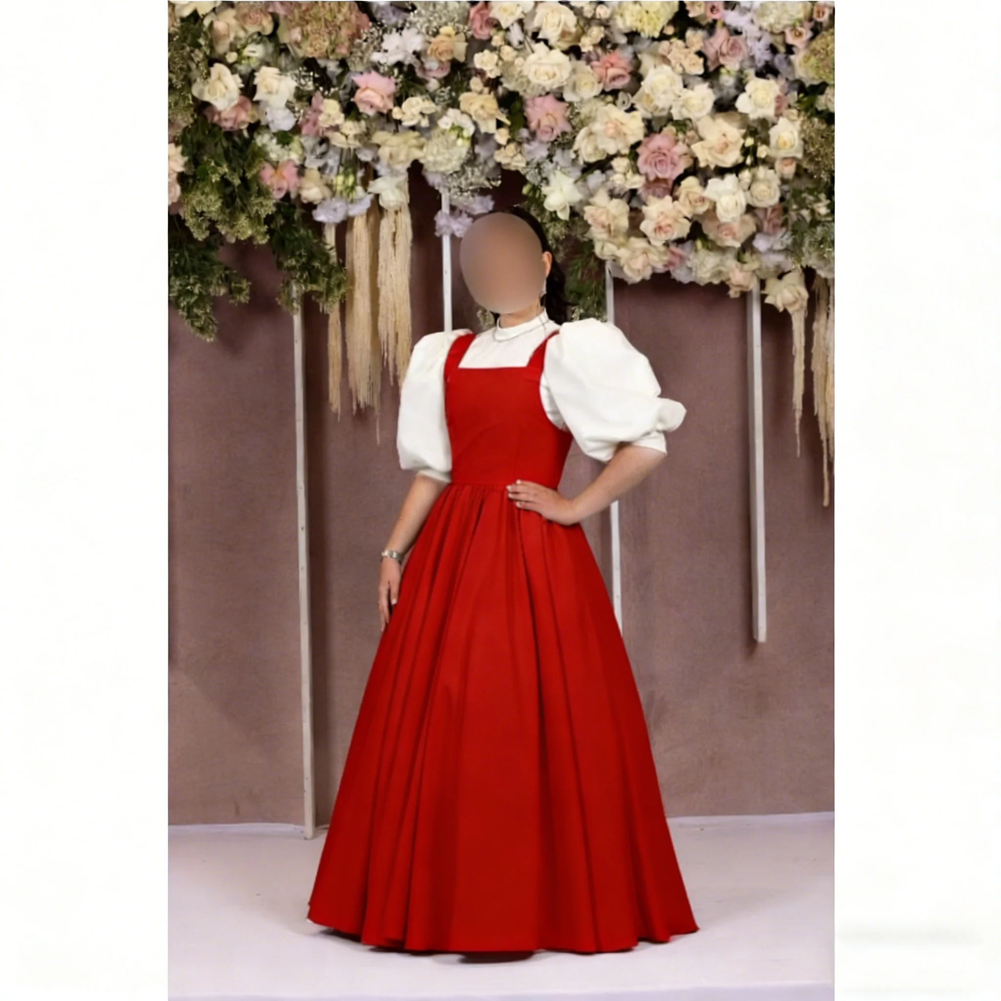 Elegant Bridesmaid Dress for Women Satin Puffy Short Sleeve High Neck Prom Birthday Evening Gown Wedding Dress Customized