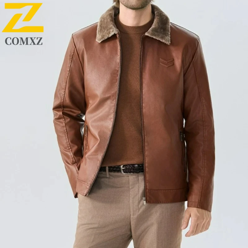 

COMXZ Winter Warm Leather Jacket Men Brand Classic Thick Layered Cold Proof Leather Clothes Hiking Hunting Moto Riding PU Coat