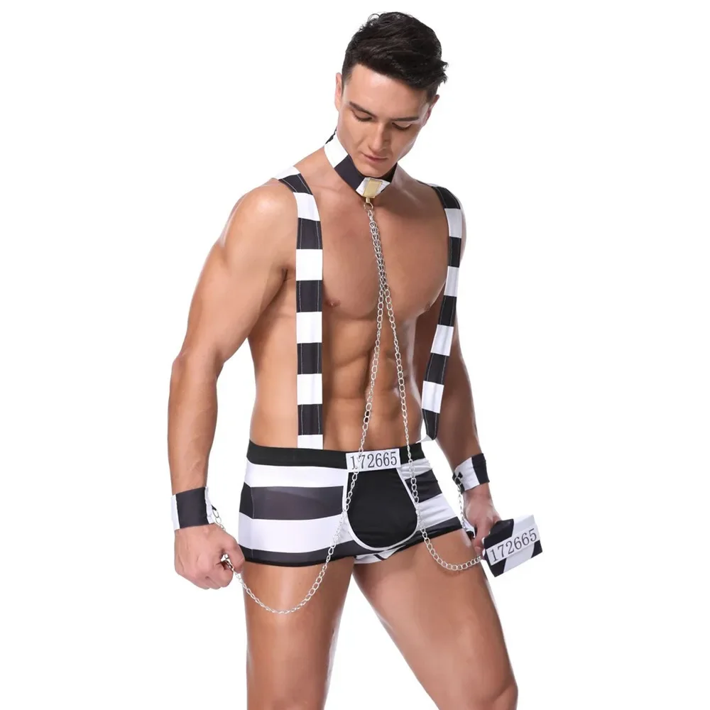 Masculino preto branco listrado cosplay prisioneiro traje casal role play uniformes eróticos lingerie conjunto halloween roupas adultas