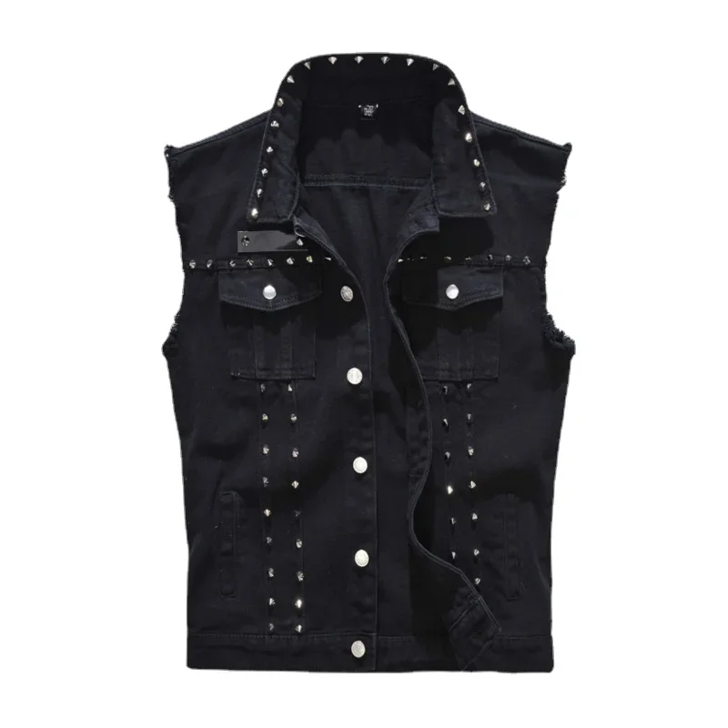 

YASUGUOJI Fashion Punk Style Metal Rivet Mens Vests Streetwear Motorcycle Sleeveless Jeans Jackets Slim Fit Black Denim Vest Men