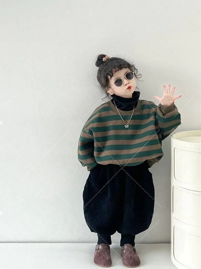 

Children's Velvet Thickened Two-Piece Set Autumn Winter Boys Girls Striped Loose round Neck Hoodie with Harajuku Leg Tights 1-6Y