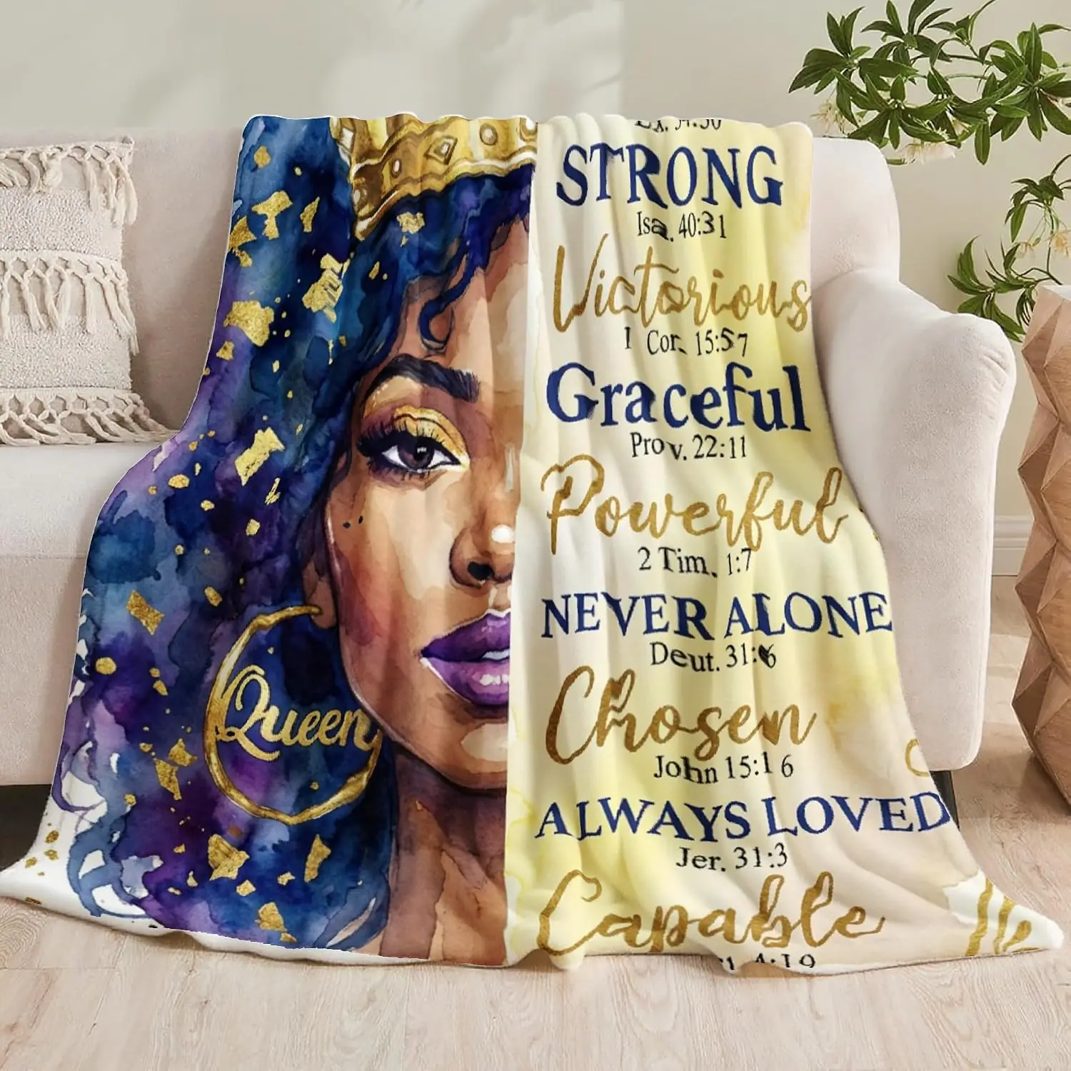 Radiant Strong Victorious Queen Affirmation Throw Blanket, Blue Purple Watercolor Portrait with Inspirational Bible Verses, Lightweight Printed Blanket for Sofa Bedroom Living Room, Christian Home Decor, Empowering Gift for Women, Prayer Space Accent