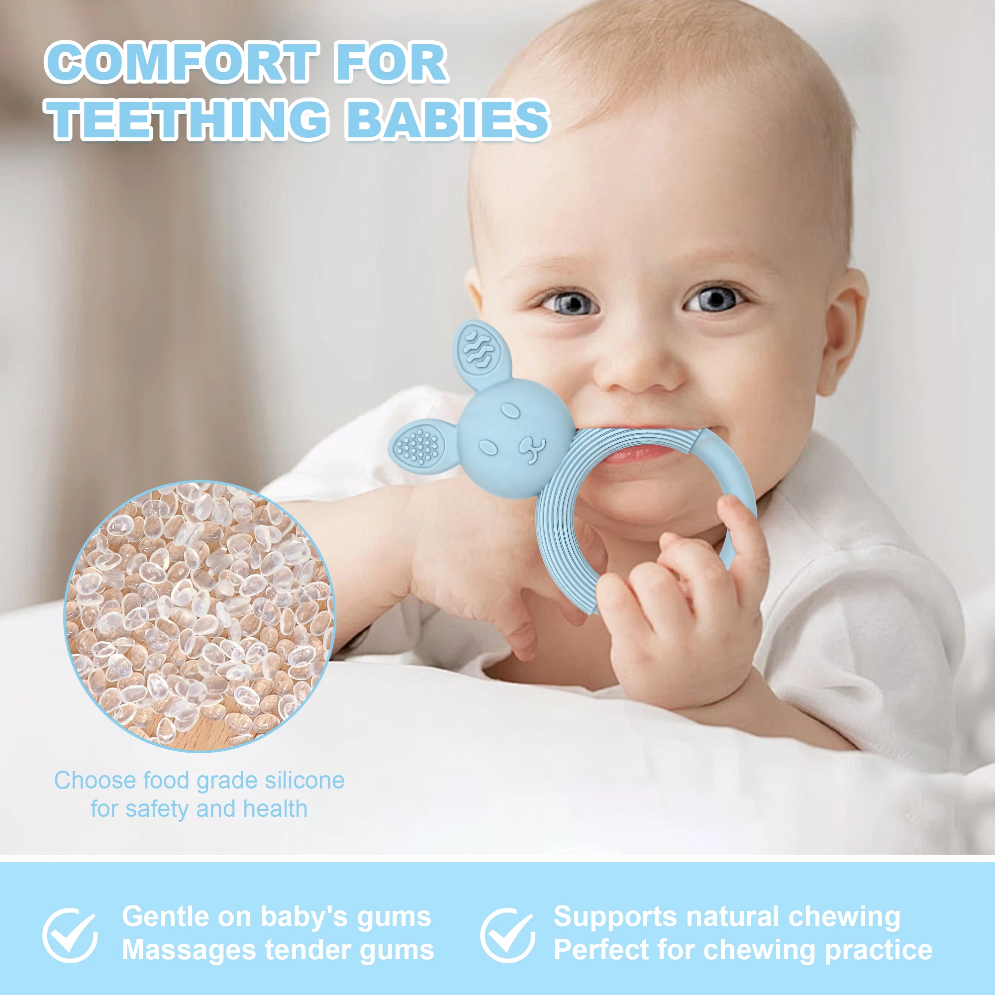 Silikonowy gryzak dla niemowląt, idealny prezent dla dzieci, łatwy do chwytania, miękka zabawka do gryzienia w kształcie królika, bez BPA.