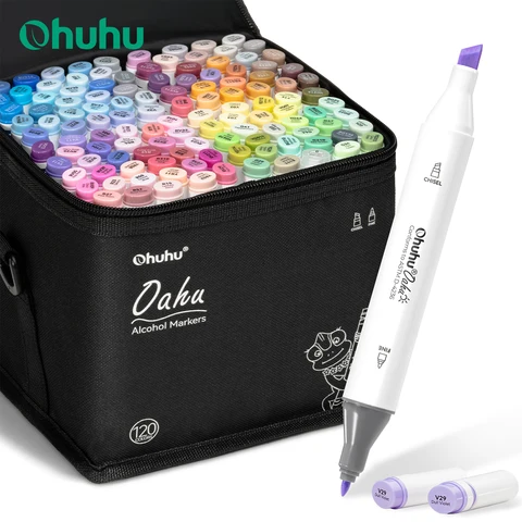 Ohuhu Oahu Novo conjunto de canetas marcadoras de 120 cores, marcadores de arte com álcool, pontas duplas, caneta de feltro, esboço, desenho, grafite, mangá, arte escolar