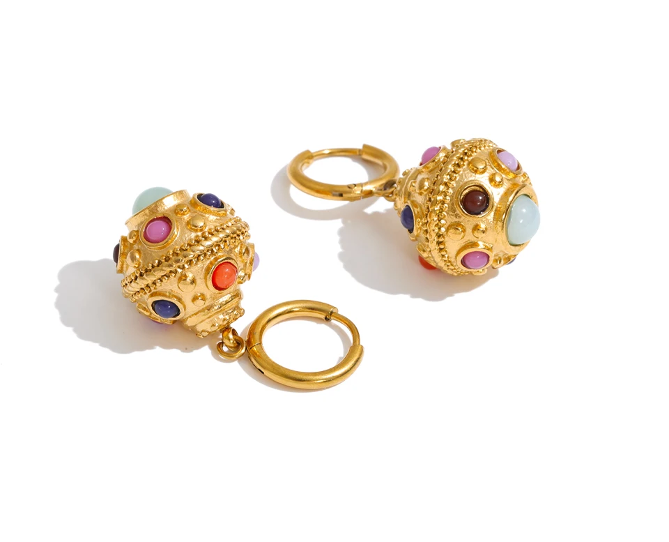 Yhpup 26g Edelstahl Runde Hängeohrringe 18K Goldfarbe PVD-beschichtet Naturstein Exquisiter Französischer Schmuck – Detail 2