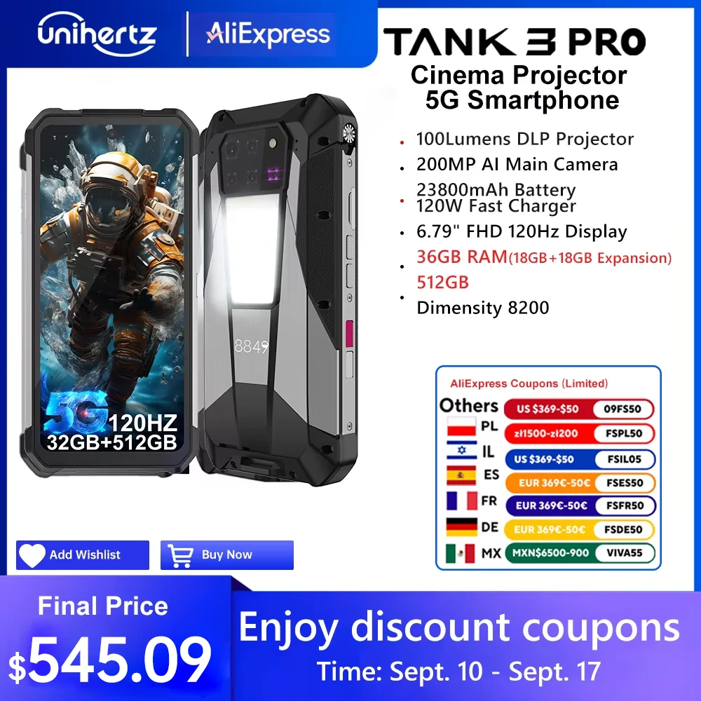 Unihertz Tank 3 Pro 8849 Smartphone resistente android 5G con proyector de 100 lúmenes 32/36GB 512GB 23800mAh teléfonos impermeables de 200MP