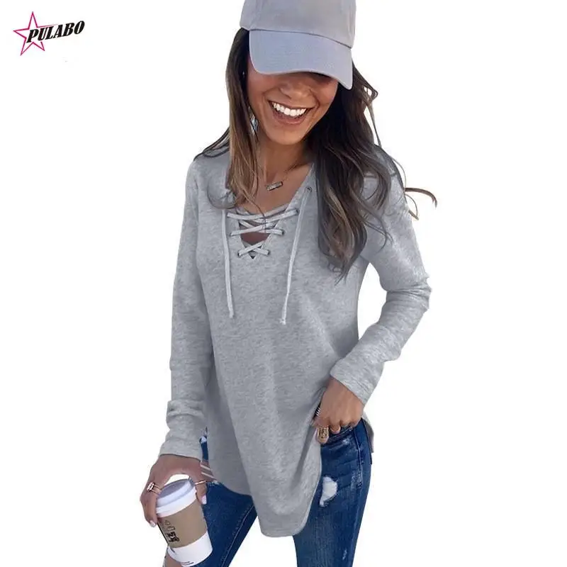 

PULABO Pure Color V Collar Strap Loose Tops Colors Fashion Womens Loose Pullover T Shirt Long Sleeve Cotton Tops Shirt Lady