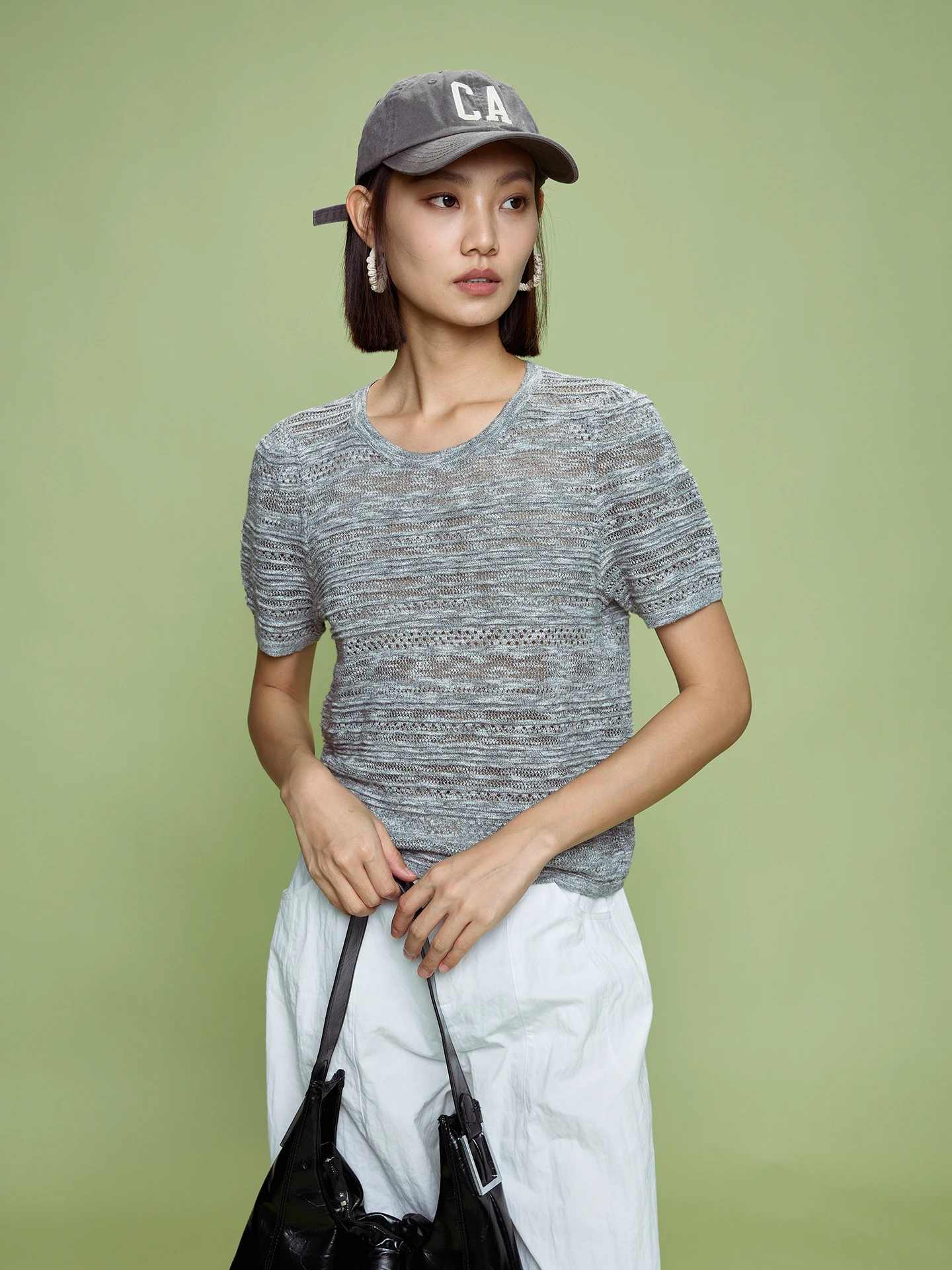 

Fay-Fayee Women's Breathable Loose Top Spring 2026 New Style Knitted Cotton Sweater round Neck Short Sleeve Simple Style