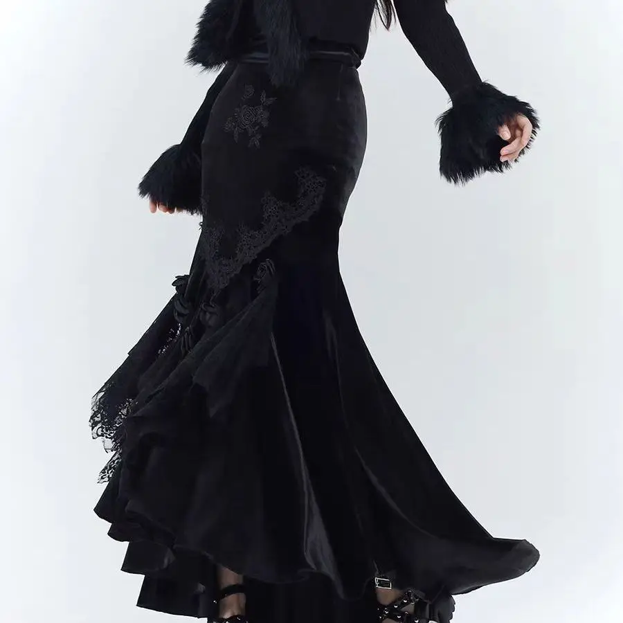 

Black Velvet Skrits Women Slim Bodycon Spring Vintage Skirts Office Lady Gothic Harajuku Pure Color Clothing Outwear Chic