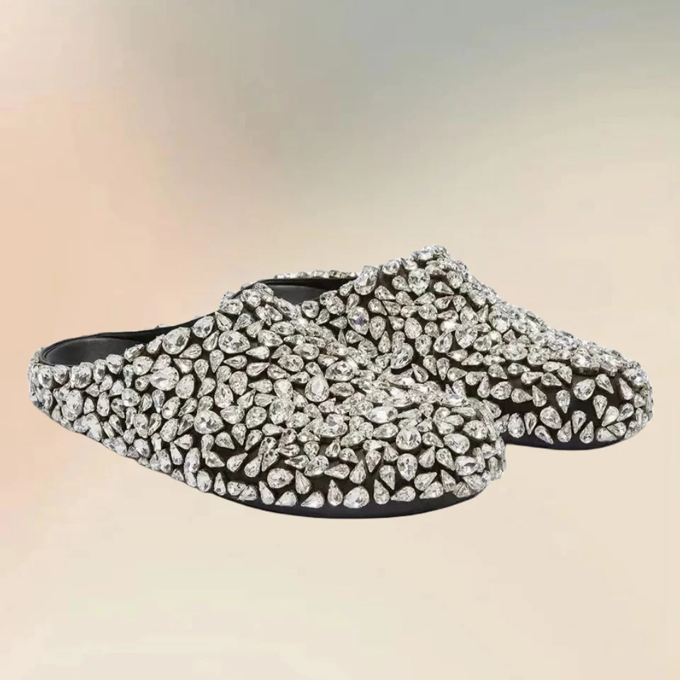 Crystal Flower Decor Silver Men Slippers Fashionable Comfortable Slip On Men Shoes Novel Handmade Party Low Top Men Casual Shoes