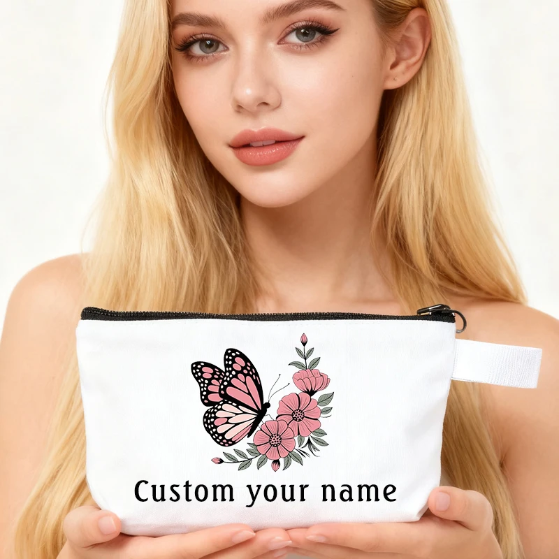

Butterfly Picture Custom Name Makeup Bag Organizers Canvas Bag Storage Organizer Small Zipper Bag Travel Practical Accessories
