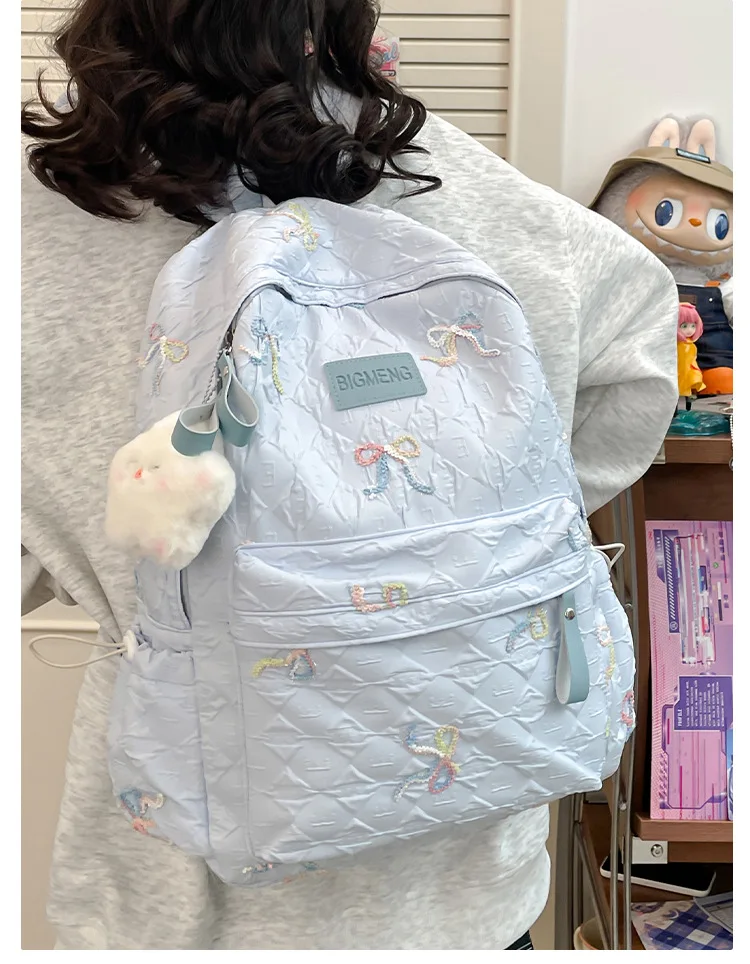 Colorful Bow Full Print Ruched Fabric Backpack Four Colors Available Large Capacity Girls Junior High High School School Bag