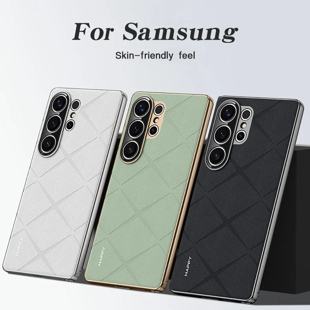 Luxury Leather Plating Frame Phone Case for Samsung Galaxy S25 Ultra Plus S24 Ultra Camera Protect Shockproof Bumper Cover
