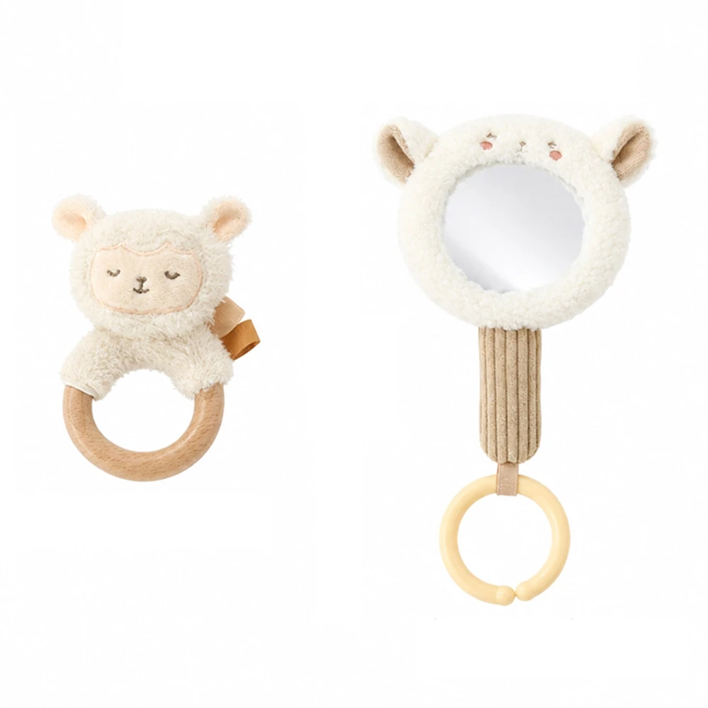 2-teiliges Set: Plüschtier „Kleines Lämmchen“ für Babys, sicherer kognitiver Spiegel, Holz-Handrassel, sensorisches beruhigendes frühkindliches Lernspielzeug, Geschenk