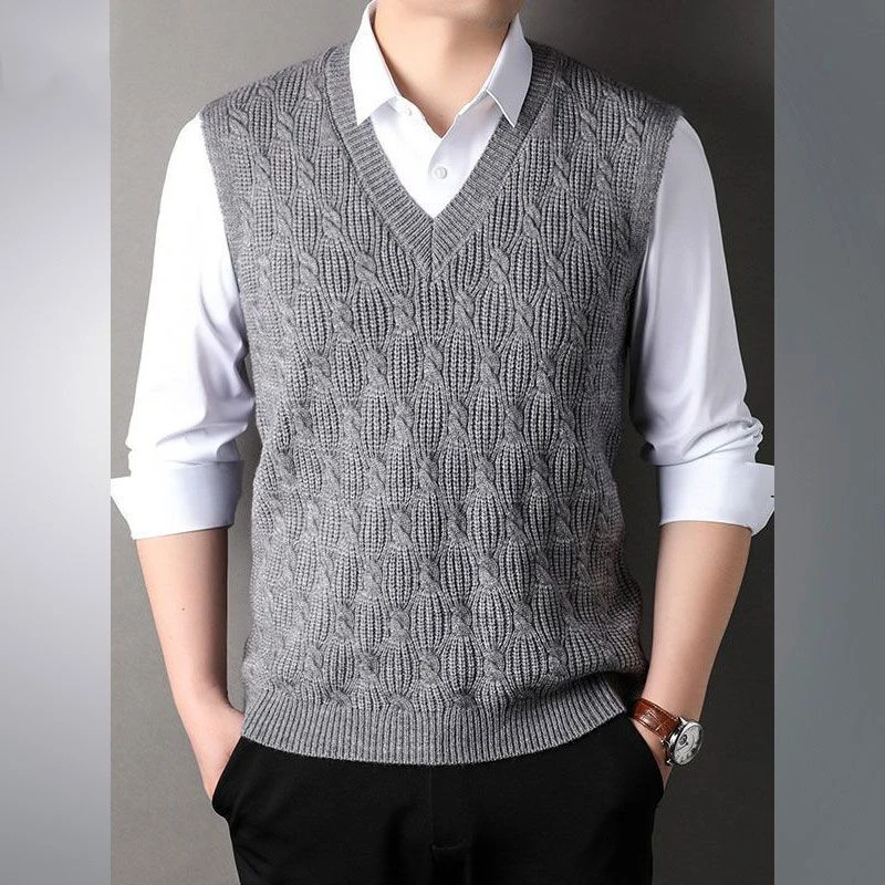 Spring Autumn Men Clothing Sleeveless Sweater Vest V-Neck Solid Screw Thread Vintage Korean Fashion Casual Loose Knitted Tops