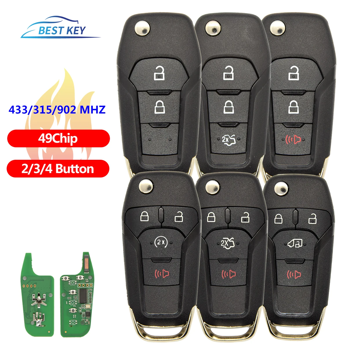 CN018122 315/434/902Mhz Replacement Flip Remote Car Key Fob For Ford F150 Mondeo Fusion Escort Transit Smart Key Control 49 Chip