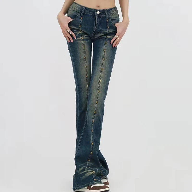 Vintage americano baixo aumento queimado jeans rebite studs angustiado lavado denim calças bootcut magro y2k harajuku rua denim calças