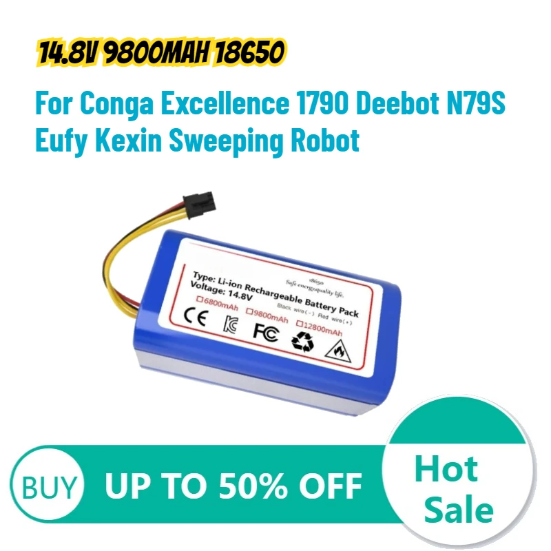 14.8V 9800mAh 18650 High Capacity Vacuum Cleaning Robot Battery for Conga Excellence 1790 Deebot N79S Eufy Kexin Sweeping Robot