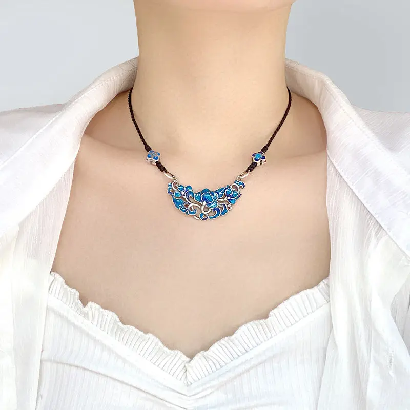 Ethnic Vintage Style Copper Silver Plated Cloisonné Floral Basket Pendant Adjustable Choker Handwoven Cord Necklace for Women