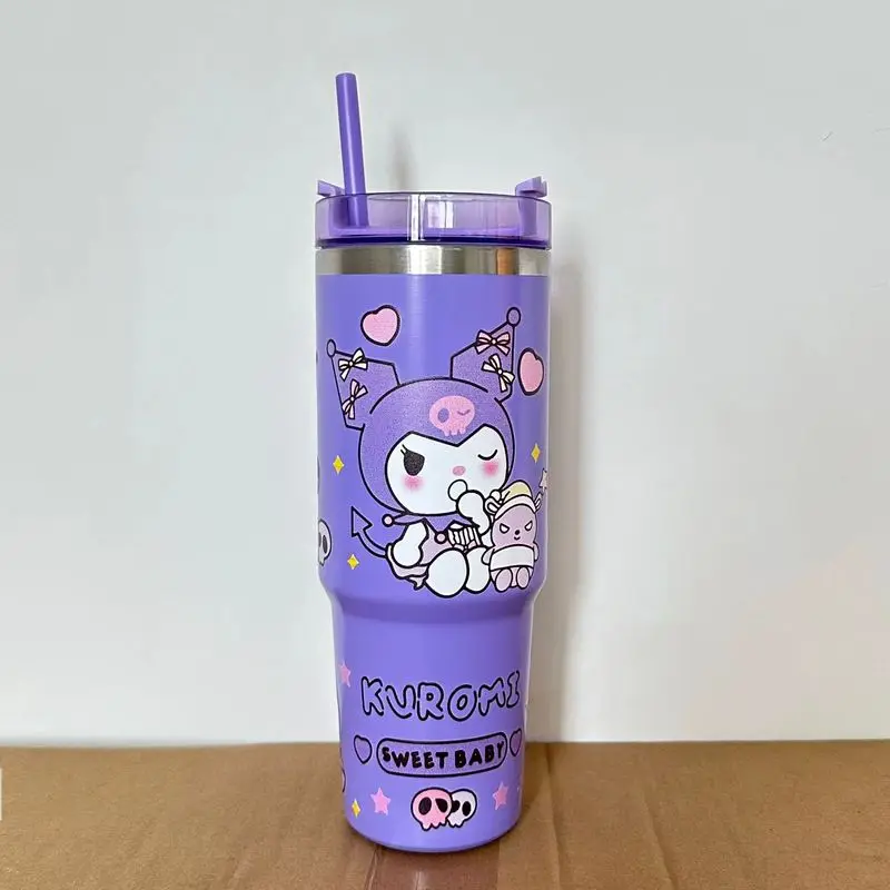 Sanrio Hello Kitty Cinnamoroll Termos na zimno 30 uncji Urocza butelka na wodę ze stali nierdzewnej Kubek ze słomką Automatyczny kubek Prezent dla dziewczynek