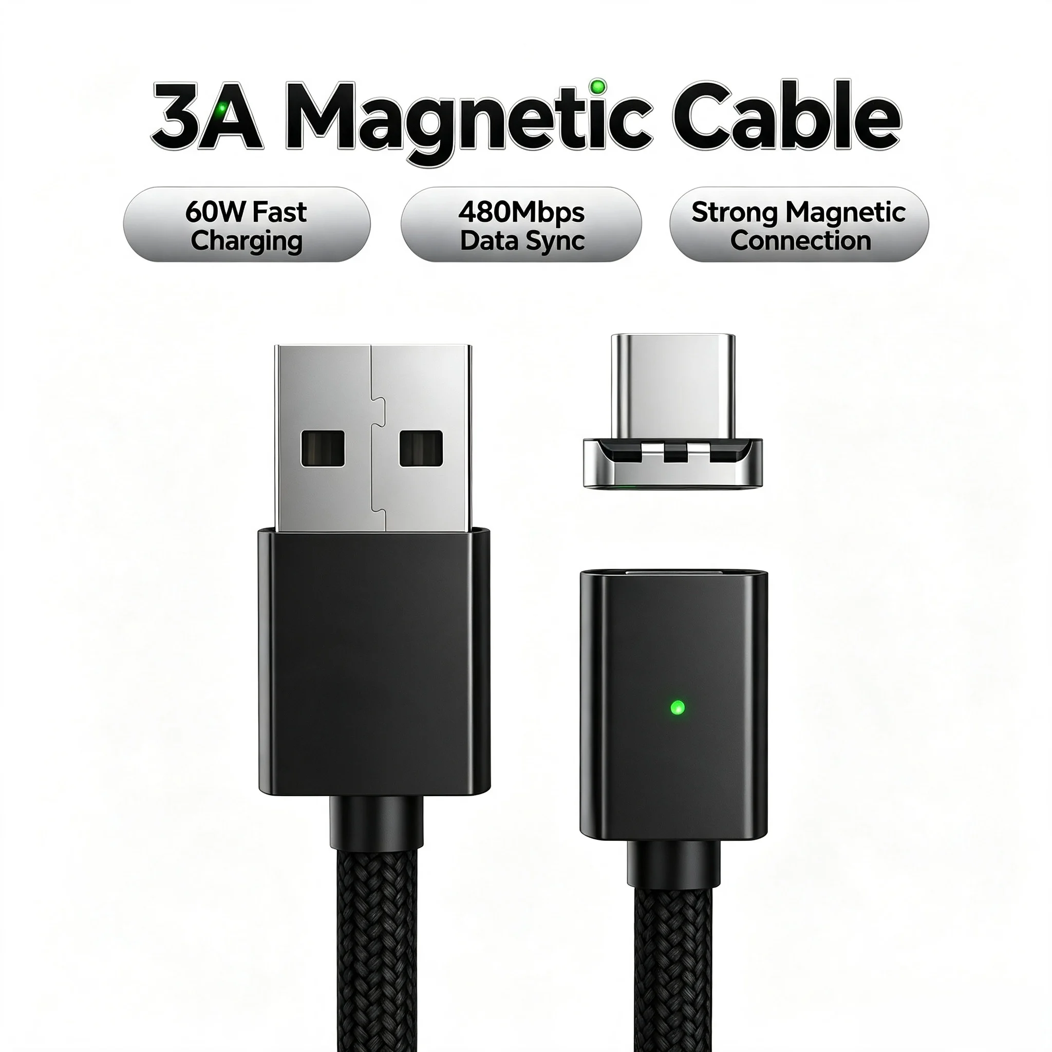 Magnetic Data Cable USB to Apple/Android Magnetic Head 3-in-1 Compatible with Apple Xiaomi Samsung Phones Charging Cable 3m
