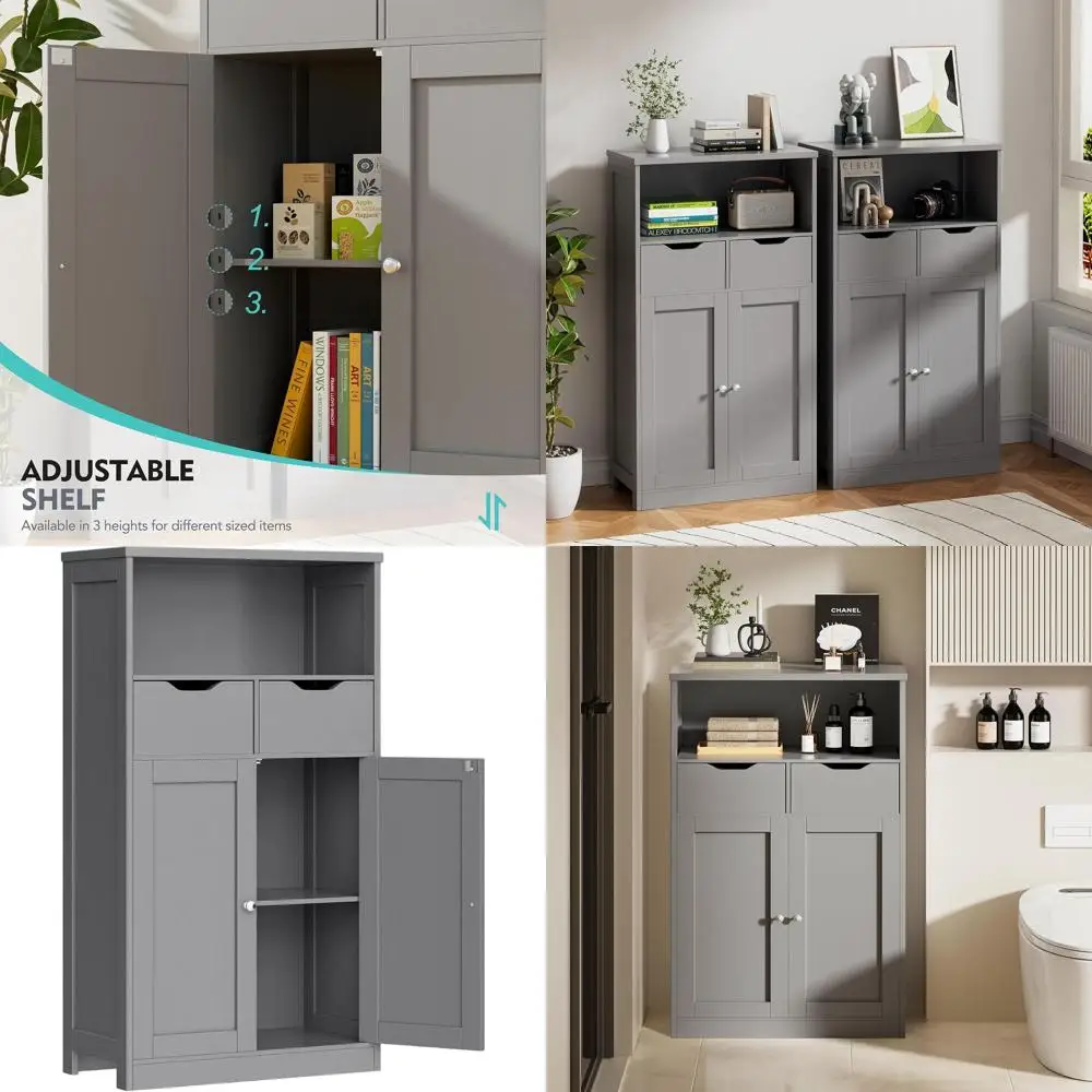 

Grey Farmhouse-Style Freestanding Bathroom Cabinet with 2 Drawers and Shelves for Storage in Living Room and Beyond