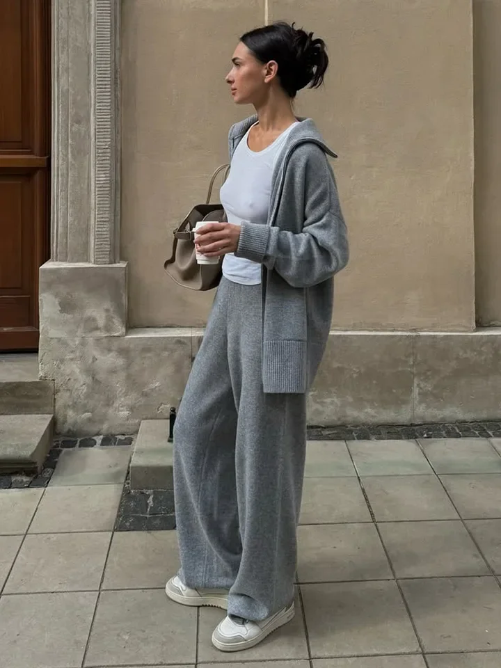 2025 Autumn New Zipper Cardigan Wide Leg Pants Two Piece Set Dark Gray Khaki Light Gray Apricot Multiple Colors Available