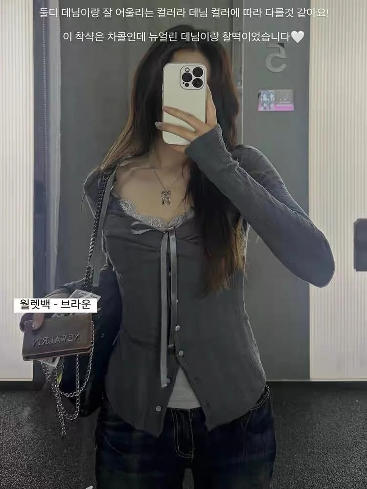 سترة نيوالرين ذات أشرطة دانتيل بلون واحد، كارديجان محبوك مطوي متعدد الطبقات، ملابس خارجية أنيقة للنساء الشابات