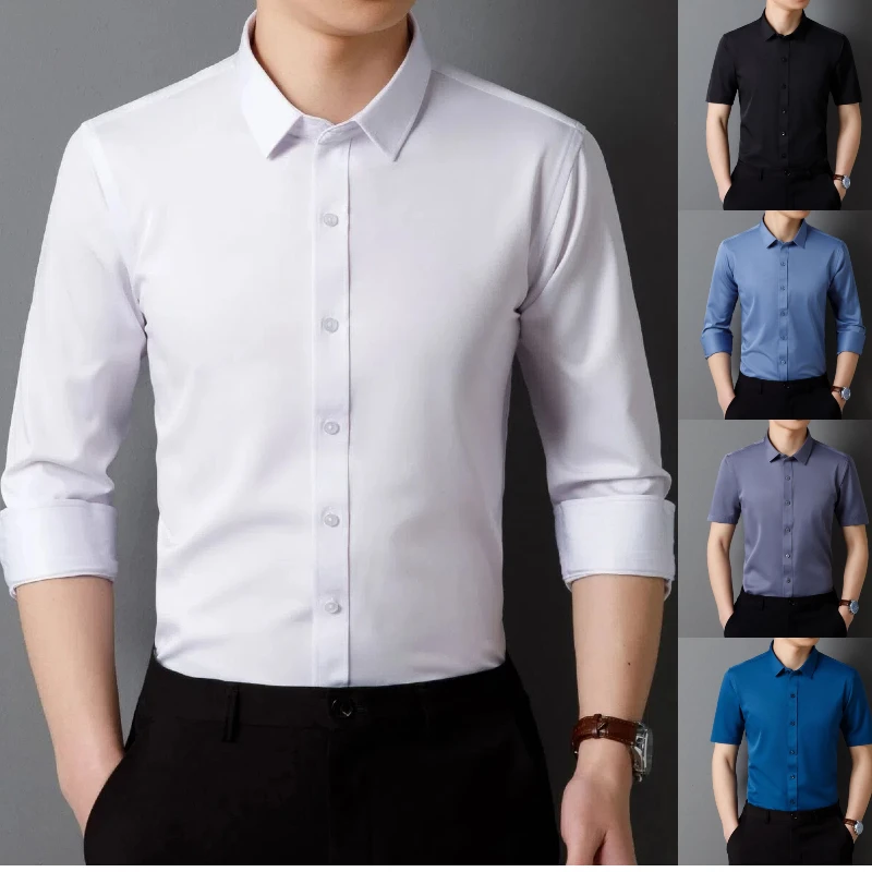 Chemise artificiel astique à Quatre Côtés pour Homme, Sans Fer, Coupe Slim, Couleur Unie, Sans Poche, Printemps