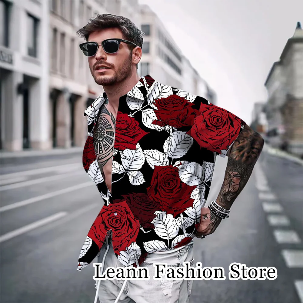 

Men Summer Hawaiian Vacation Shirt Male Vintage Red Roses Printing Tops Tees Fashion Daily Clothing Casual Streetwear