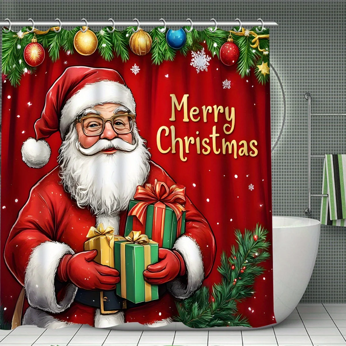 4Pcs Santa Claus Shower Curtain Set with 12 Hooks, Modern Bathroom Decor with Non-slip Mat, Christmas Housewarming Gift