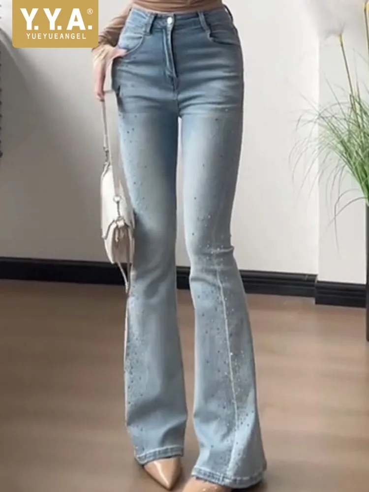 

Spicy Ladies Button High Waist Denim Pants Leisure Female Pockets Top Quality Trousers Slim Crystal Women Solid Color Jeans