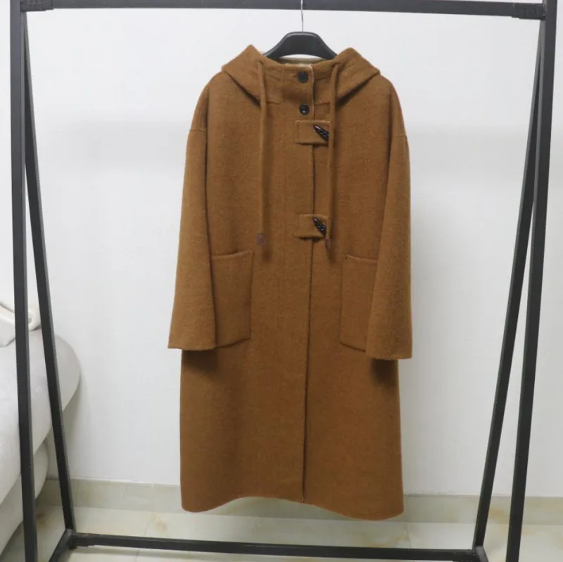 

Women's Autumn Winter Drawstring Hooded Single Breasted Wool Long Coat Lady Streetwear Warm Long Sleeve Loose Wool Outwear