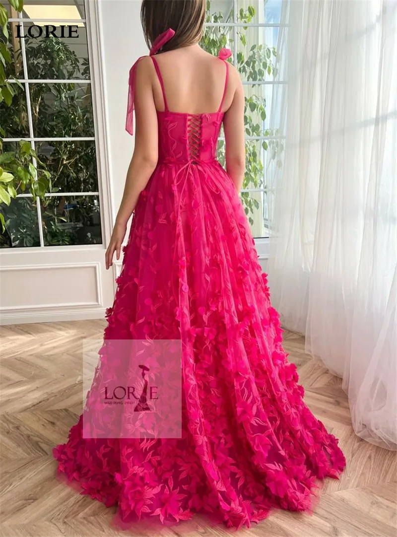 LORIE Hot Pink 3D Flowers Prom Dresses A Line Bow Straps Lace Evening Party Dress Sweetheart Neck Side Split Prom Gowns 2023