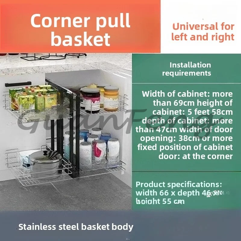 Stainless Steel Corner Kitchen Cabinet Organizer Expandable Storage Basket Corner Cabinet Accessory
