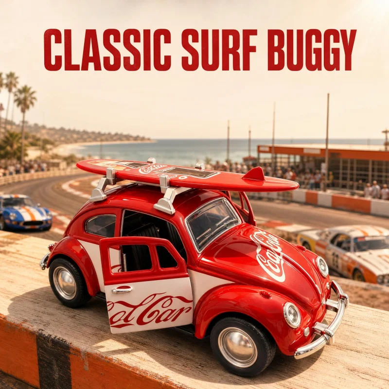 1:36 Vintage Bug Shape Alloy Car Model, Removable Surfboard Accessory, Die-cast Metal Craft, Retro Style Desktop Collectible Dec