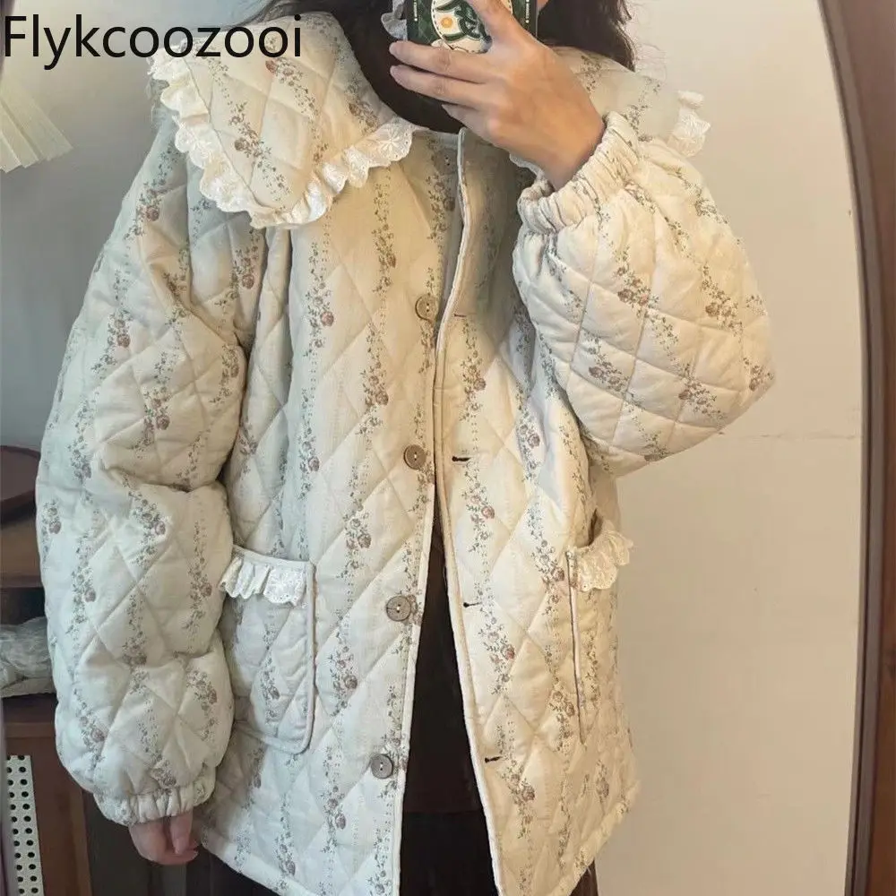 2024 New Loose Casual Doll Collar Big Lapel Splicing Diamond Lattice Floral Cotton-padded Coat Female Autumn and Winter Jacket